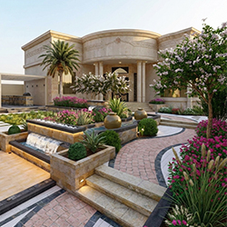 SAIF's design of the same backyard with pergola, stone seating, outdoor kitchen and fountain at dusk