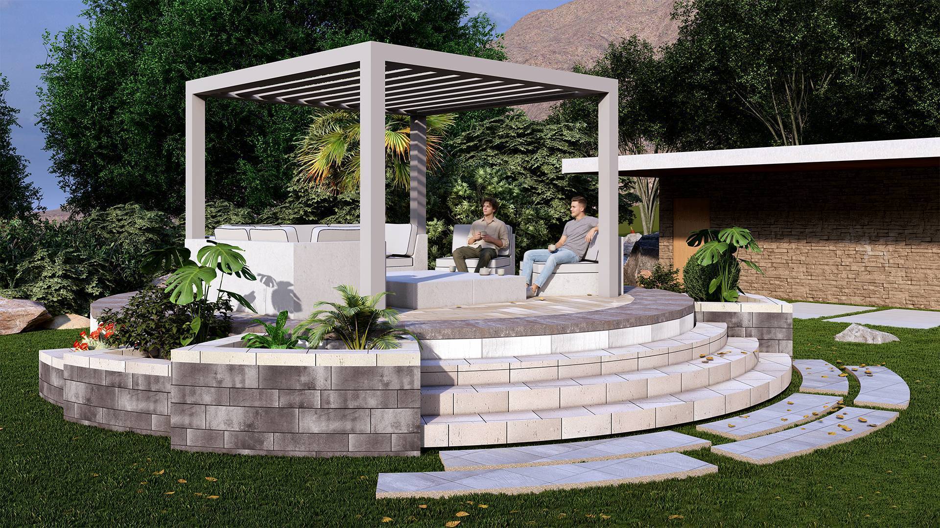 Multi-level Ducon outdoor terrain with sunken lounge and raised deck